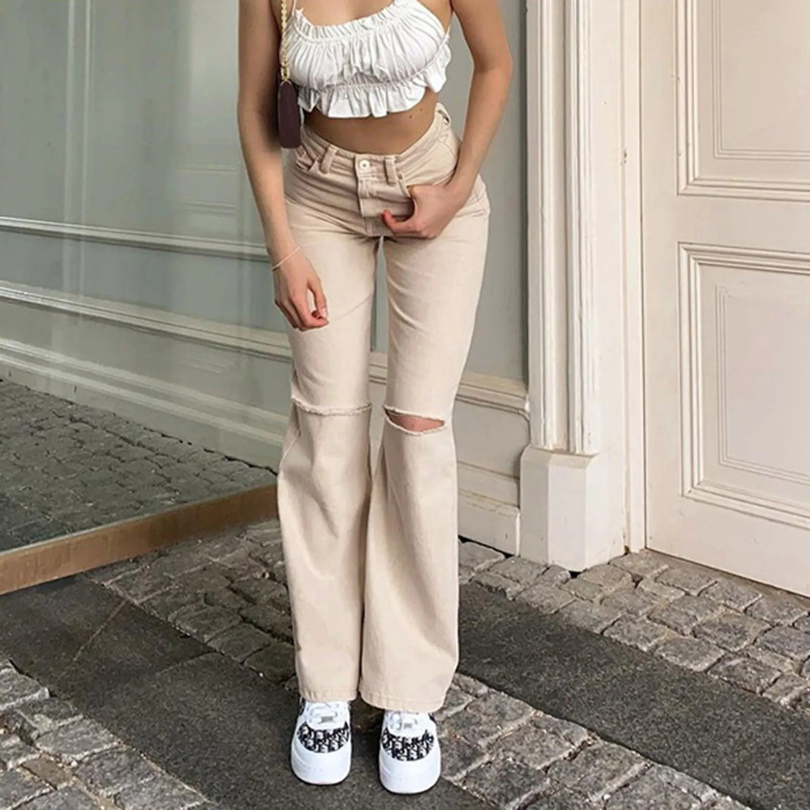 

2022 Women New Winter Casual Trousers Knee Hole Straight Wash Jeans Fashion Simple Daily Pants Beautiful Versatile Comfy Pant