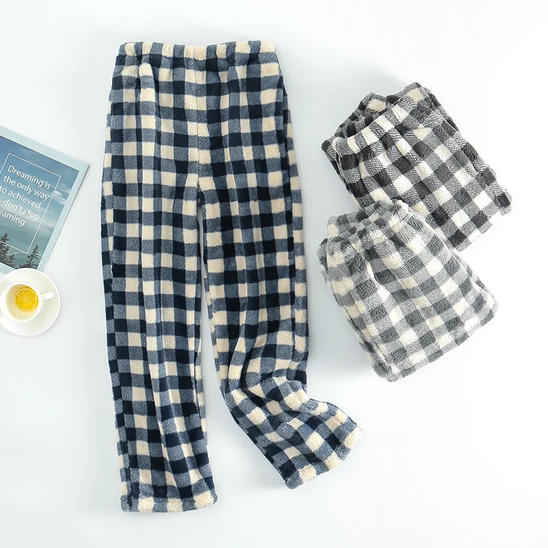 

Men's autumn and winter velvet warm pajama pants thick plaid loose home flannel trousers plus size with pockets sleep bottoms