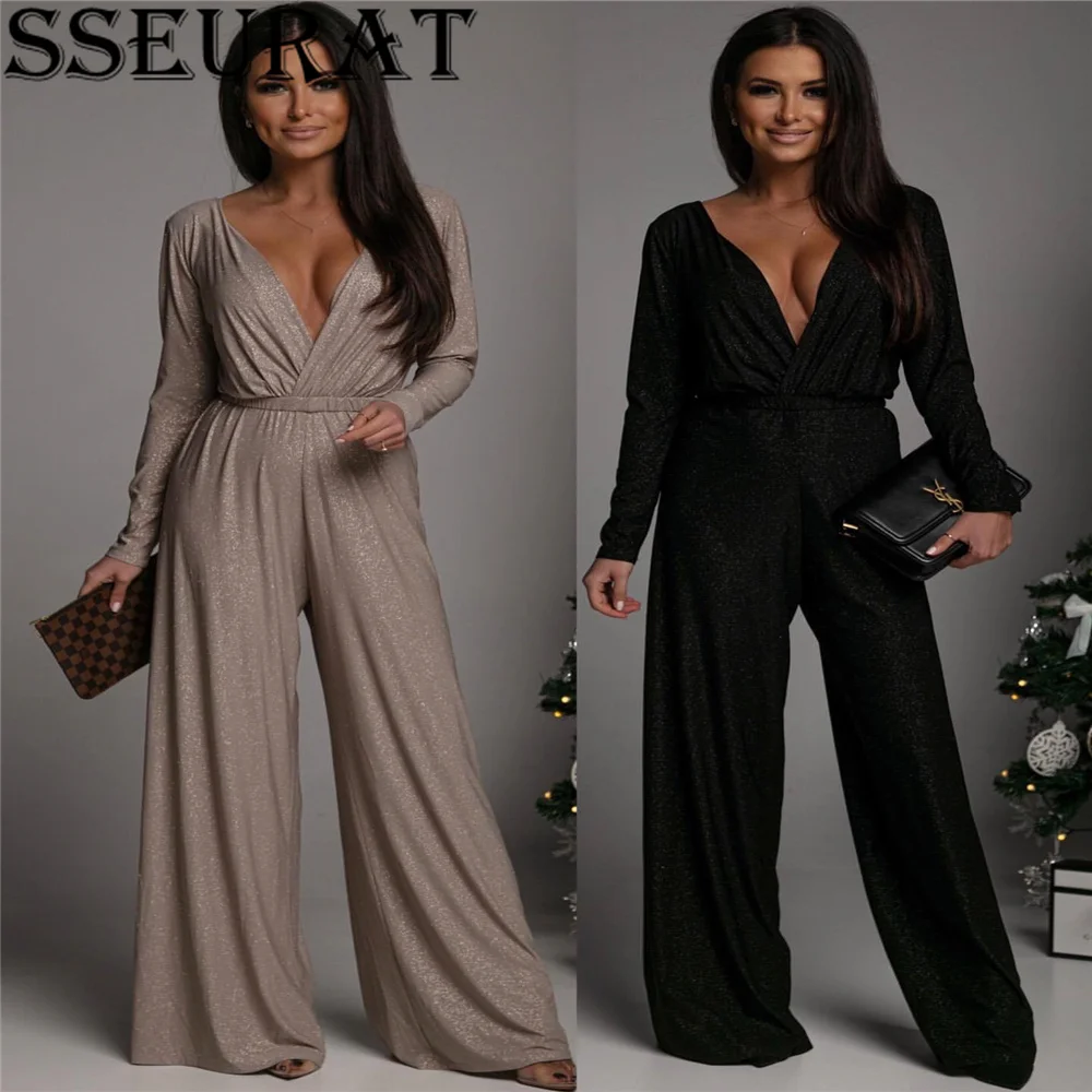 

SSEURAT Women Jumpsuit Sexy Elegant Shinny Long Sleeve V Neck Ladies Wide Leg Loose Romper