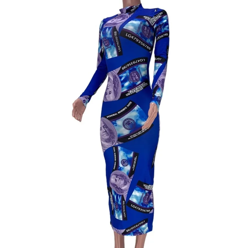 Пикантное облегающее платье средней длины с принтом долларов США платья длинным