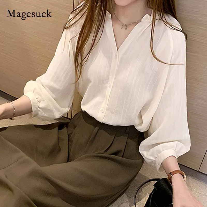 Хлопковые женские рубашки с длинным рукавом осень 2020 v образный вырез офисного