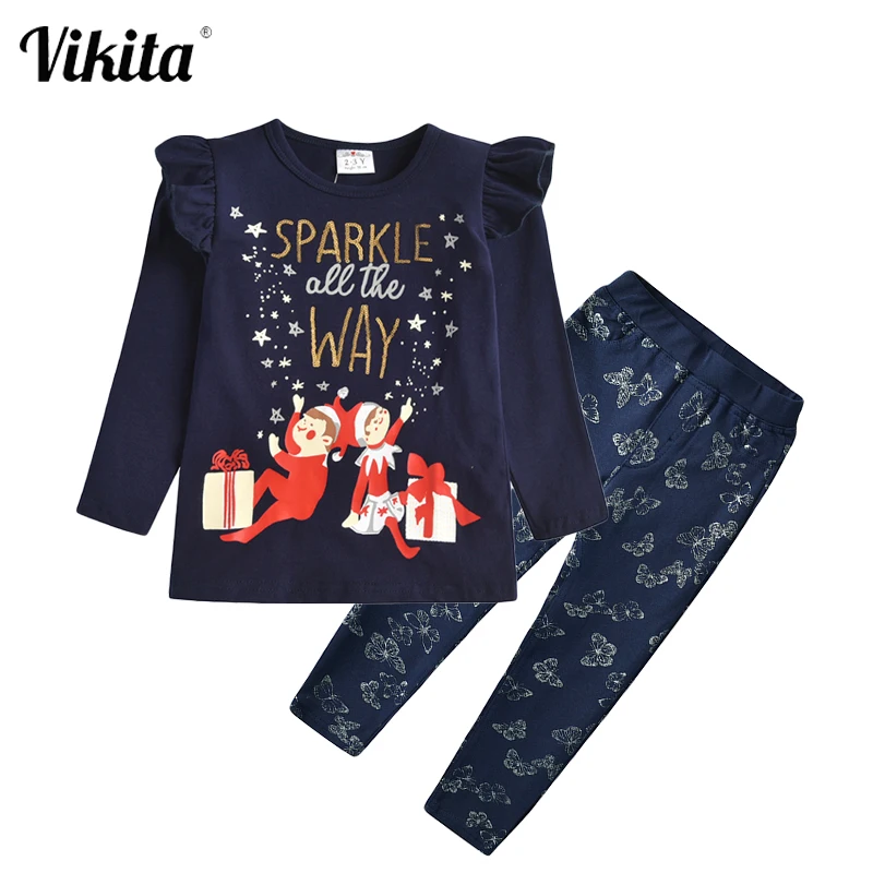 

Комплекты рождественской одежды VIKITA для девочек; Детская хлопковая Футболка с расклешенными рукавами и брюки с принтом бабочки; Детская ос...