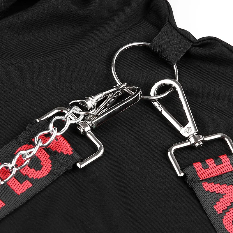 Женская толстовка с открытым плечом Fitshinling черная капюшоном и ремнем на цепочке в