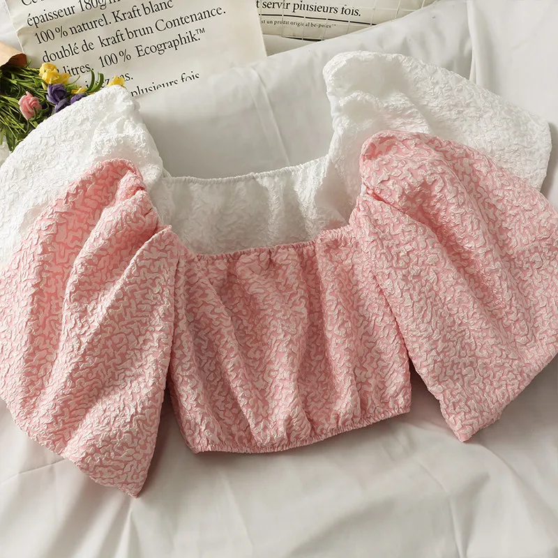 

Women Slash Neck Embossing Blouse Sweet Short Sleeve Puff Sleeve Summer Shirt Female Short Bottoming Backless Navel Blouses Tops