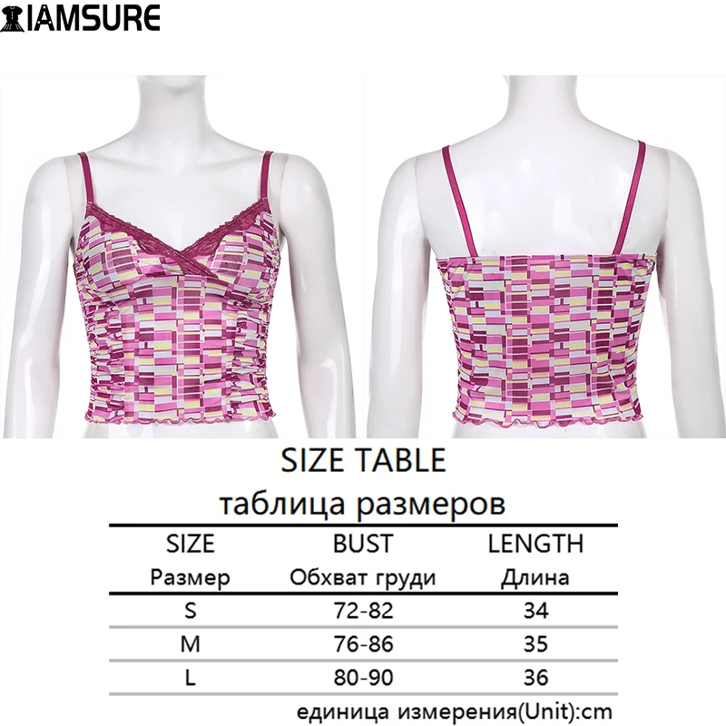 

IAMSURE Sexy Slim Folds Lace Trim Camis Holiday Plaid Printed Deep V-Neck Sleeveless Tank Tops Women 2021 Casual Y2K Streetwear