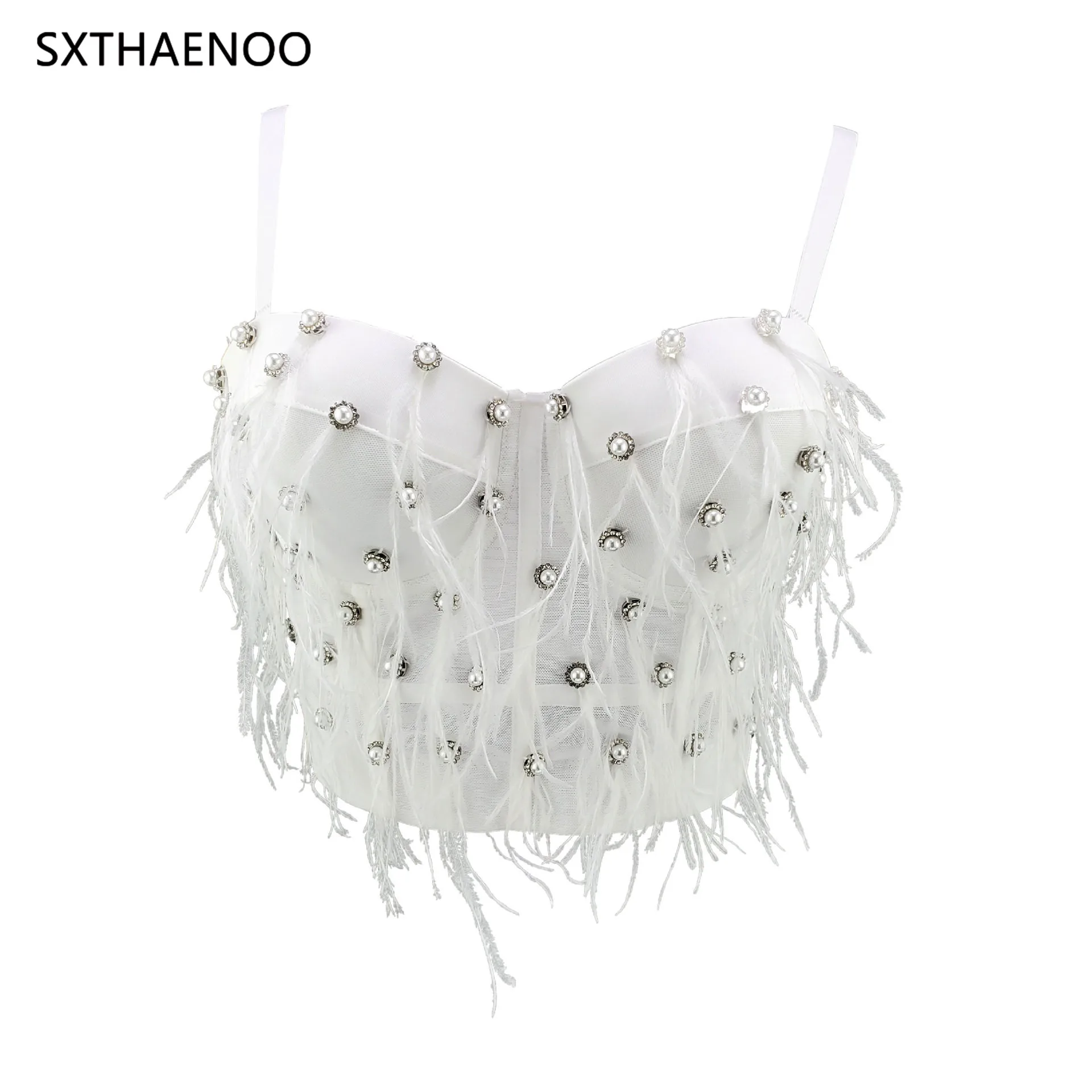 

SXTHAENOO Hand-made Feather Beads Bustier Push Up Night Club Bralette Women's Mesh Bra Cropped Top Vest Corset Plus Size