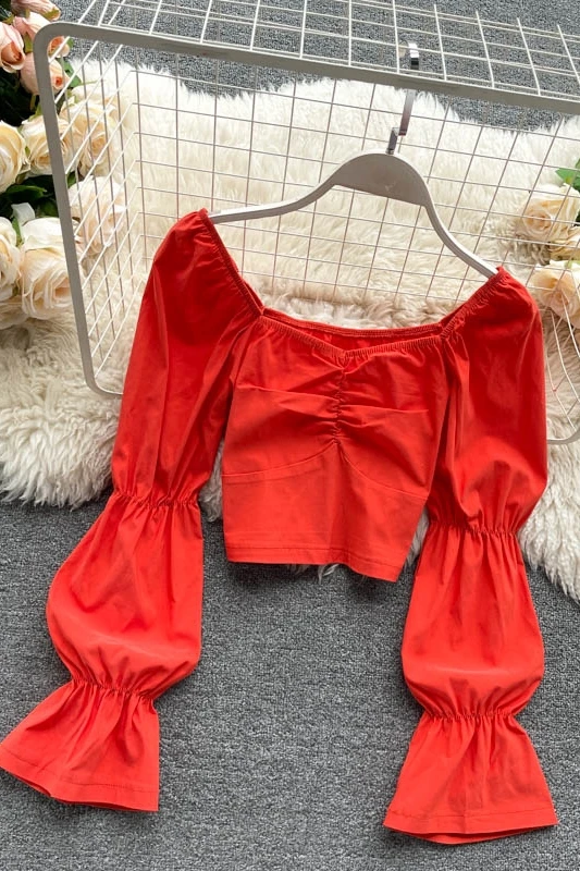 

Short Shirt for Women Spring 2021 New Off-Shoulder Pleated Square Collar Slimming Long Sleeve Pullover Blouse Ladies Tops Patry