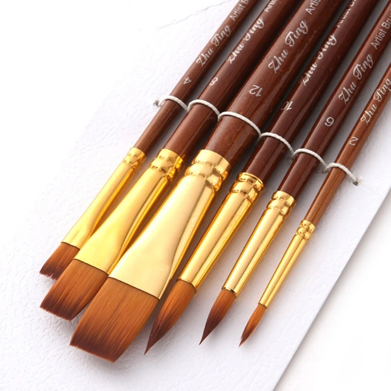 

6 Pcs/Set Watercolor Oil Acrylic Artist Paint Brushes Short Rod Nylon Hair Painting Brush Pen Wooden Handle Art Supplies
