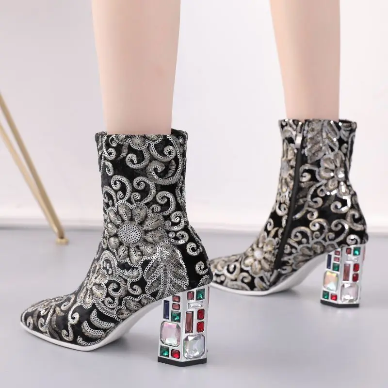

RIZABINA New Fashion Boots Ankle Boots Square Toe Floral Embroidery Thick Crystal High Heel Fashion Shoes Footwear Size 35-43