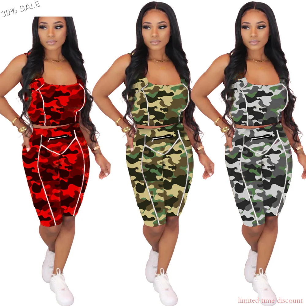 Женский Камуфляжный спортивный костюм комплект из двух предметов короткий топ