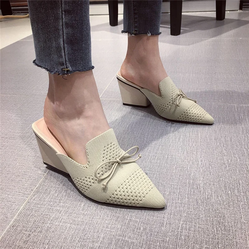 Летние Элегантные женские туфли на высоком каблуке цвет бежевый черный вязаные