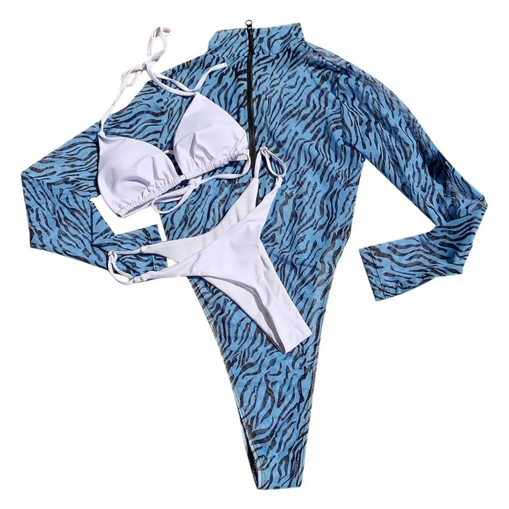 Women Three-Piece Leopard Mesh Bandage Bikini Set Sexy Zipper Swimwear Bodysuit 2020 Summer Beachsuit For Female New Fashion | Спорт и