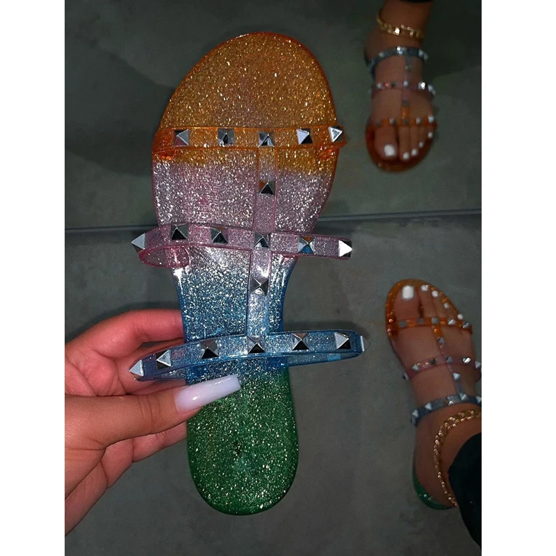 Новые женские летние сандалии модные разноцветные шлепанцы ручной работы с