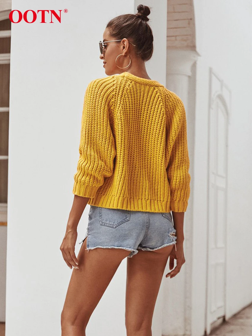 OOTN однобортный вязаный крючком пуговицы для кардигана короткий зимний женский свитер с длинным рукавом Повседневная Верхняя одежда свитер пальто