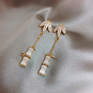 New cats eye stone bamboo leaf earrings s925 silver needle with diamonds Korean fashion womens long style all-match ear jewelr