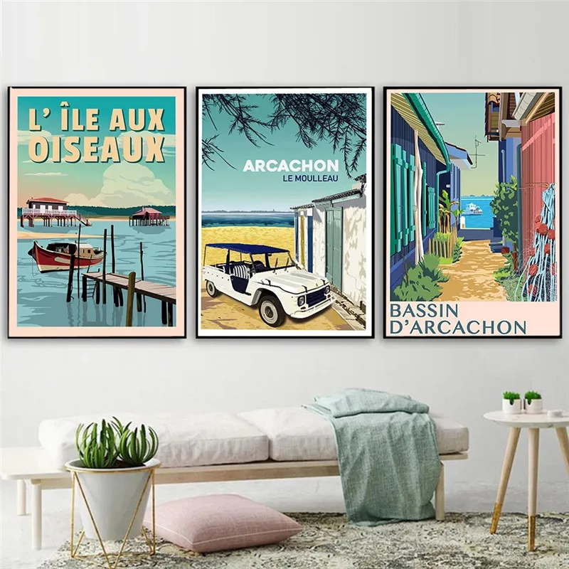 

Arcachon Basin Retro Travel Posters L'Herbe Village Ile Aux Oiseaux Landscape Canvas Painting Vintage Wall Pictures Home Decor