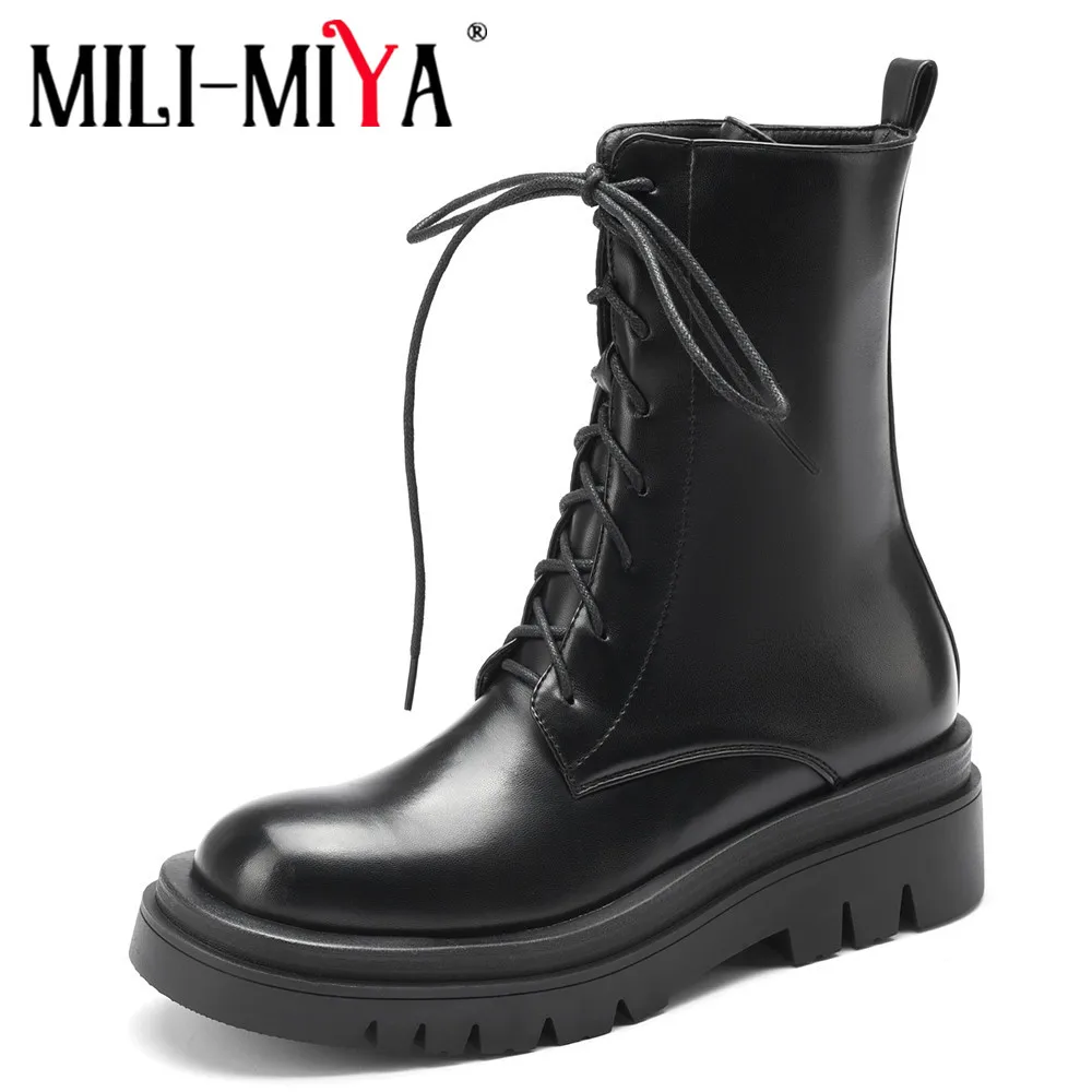 

MILI-MIYA Platform Women Ankle Boots PU Leather Female Dropshipping Chunky Heels Round Lace Up Zipper Footwear Big Size 34-43