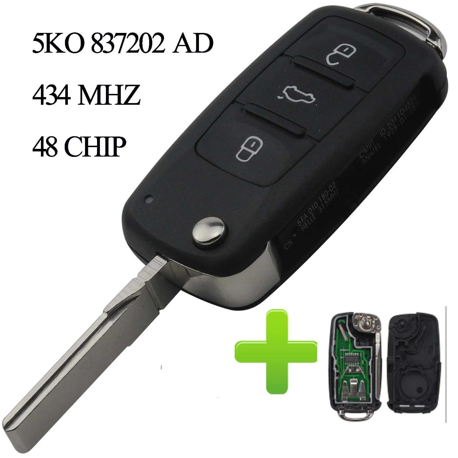 Дистанционный ключ 434 МГц ID48 чип для Volkswagen VW GOLF PASSAT Tiguan Polo Jetta Beetle автомобиль без ключа 5K0 837 202AD 5K0837202A