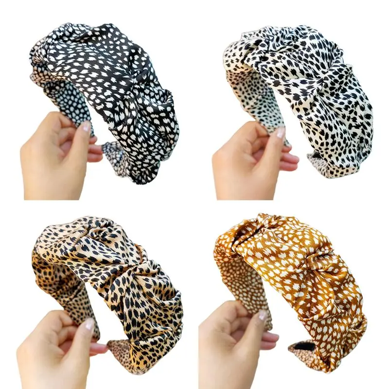 

Vintage Leopard Print Hair Hoop Women Elegant Pleated Wrinkled Elastic Bandana Bohemian Vacation Wide Headband