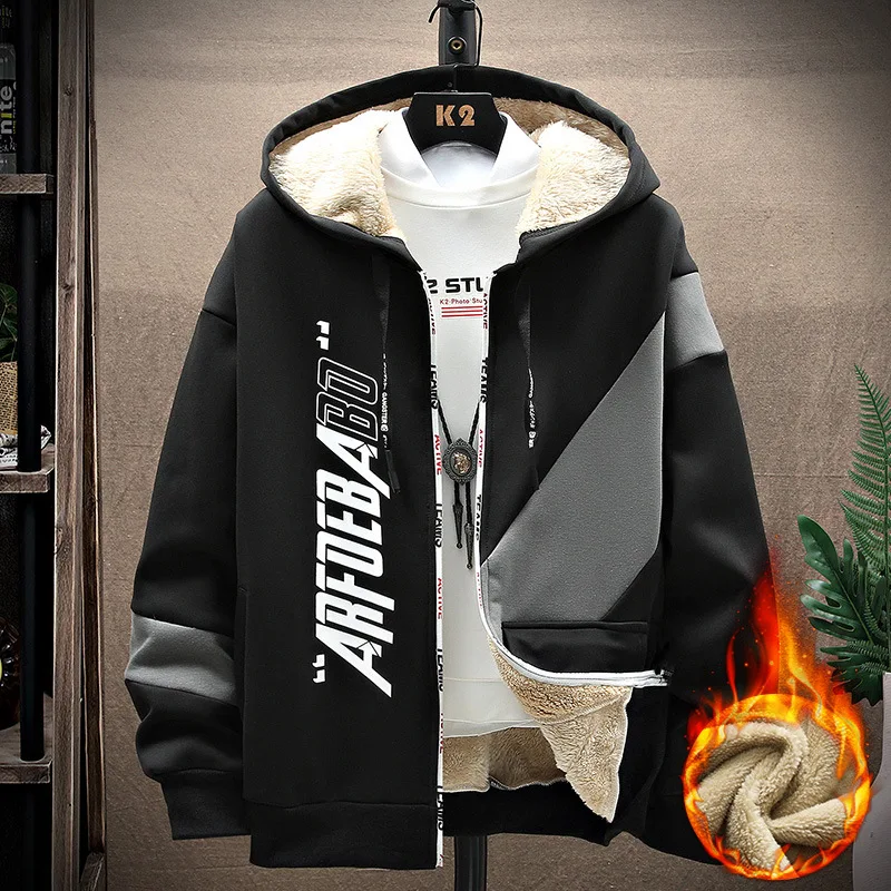 

Men's Jacket Winter Plush Thickened Hoodie Sweater Trend Handsome Loose Japanese Baseball Jacket Hong Kong Style Jacket