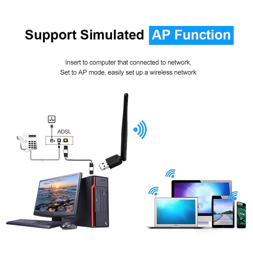 wifi adapter for desktop Kebidu  MT-7601 WIFI USB Adapter 150Mbps USB 2.0 WiFi Wireless Network Card 802.11 B/g/n LAN Adapter With Rotatable Antenna phone lan adapter