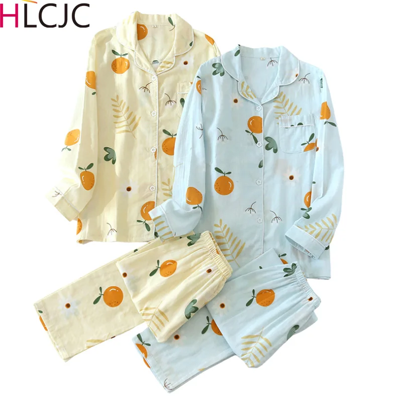 

2021 Women Spring And Autumn Citrus Printed Pajamas Set Comfort Breathable Sleepwear Ladies Fresh Style Full Sleeve House Wear