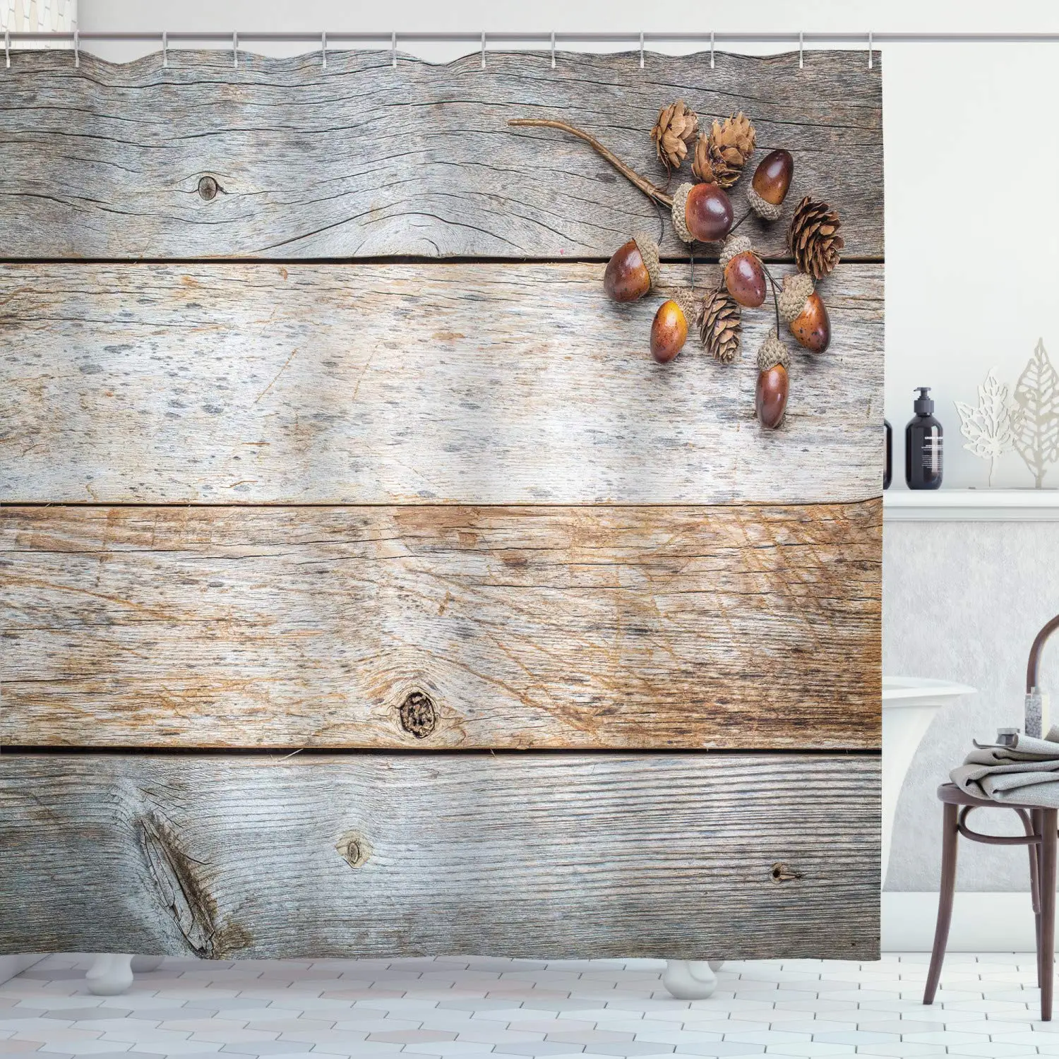 Деревенская занавеска для душа желуди и шишки на выветриваемом зернистом