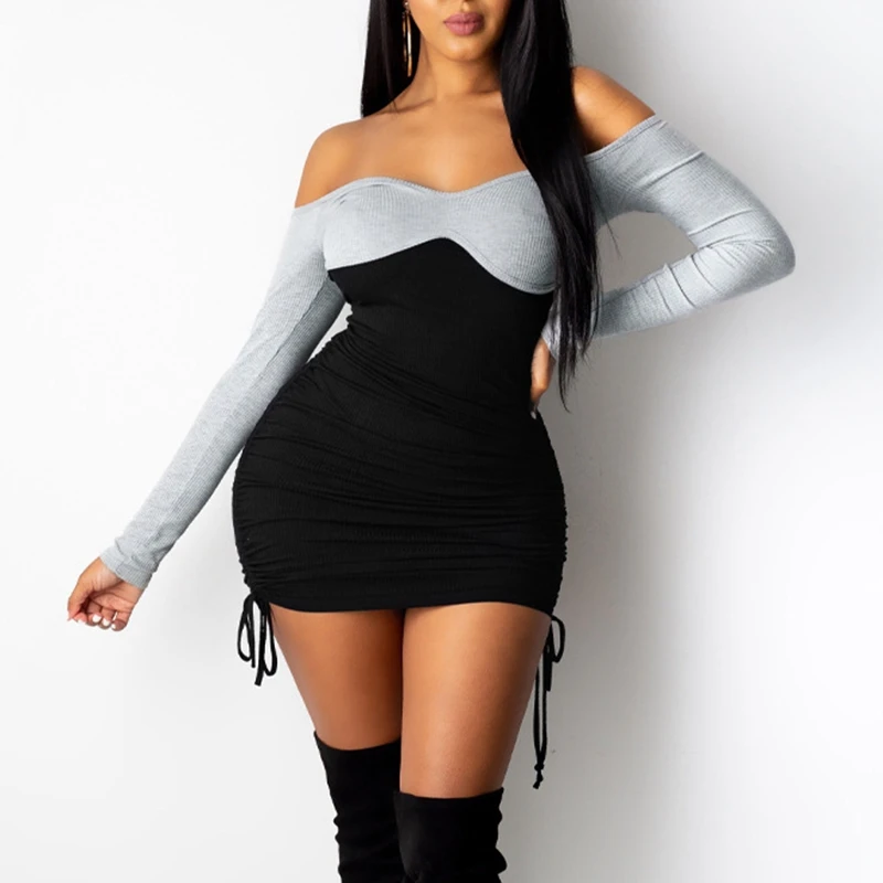 

Women's New Sexy One-Shoulder Color Matching Long-Sleeved Dress