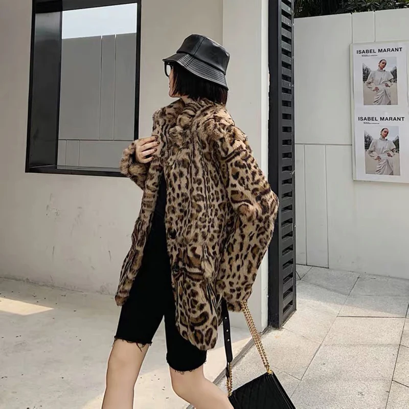 Womens tops and blouses real plus size 2020 winter coat Leopard print natural rabbit fur leather jacket women