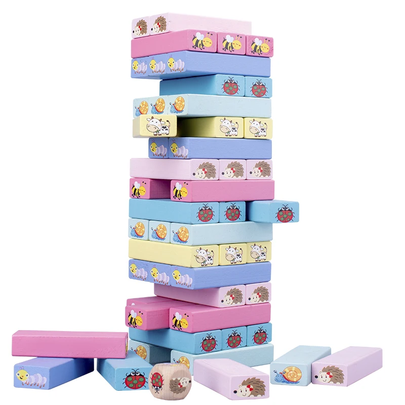 

51PCS stack high building blocks mini wooden tower toy Montessori game animal macaron domino blocks educational toy for children