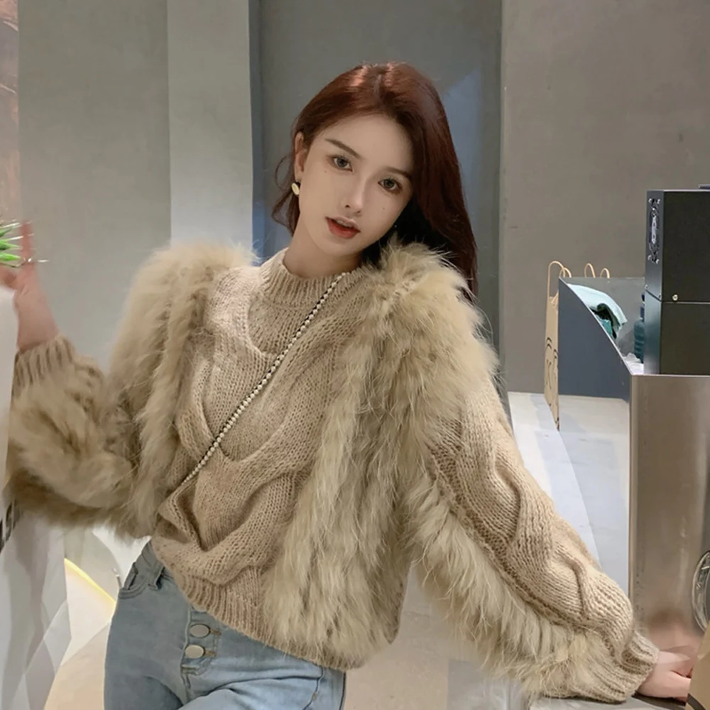Женский пуловер с мехом вязаный шерстяной свитер в Корейском стиле 2021 | Женская