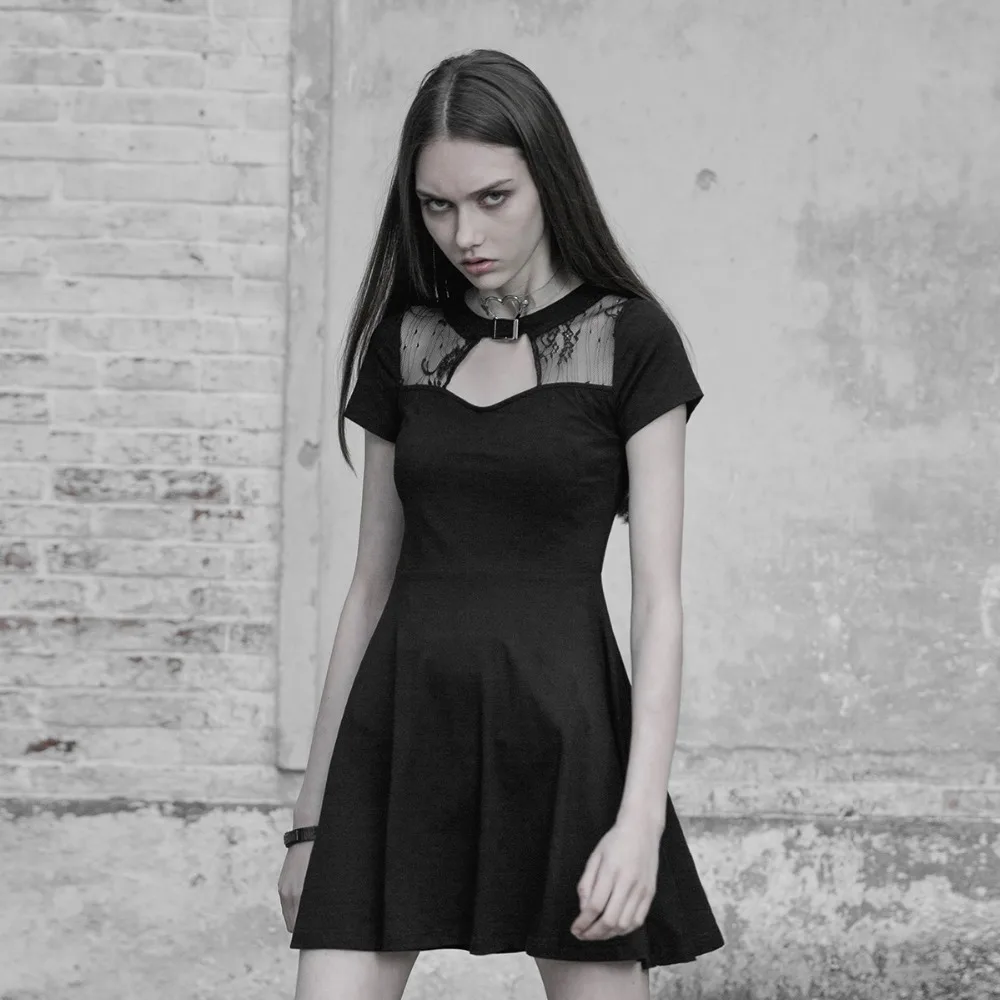 Женское черное кружевное платье в стиле панк модное трикотажное мини-платье