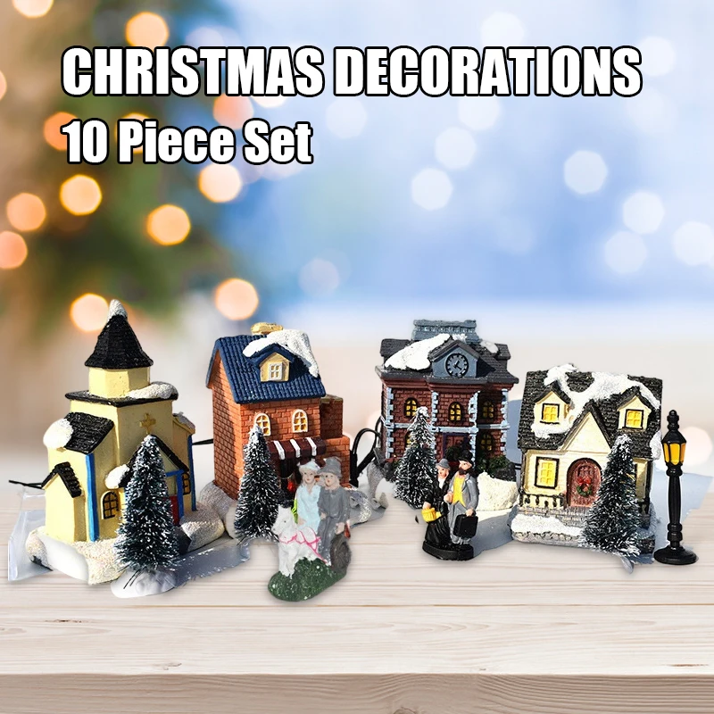 

10 pcs Luminous House Toy Christmas Decorations Small House Ornament Santa Claus Set Gift for Kids uacr Christmas Pendant Drop