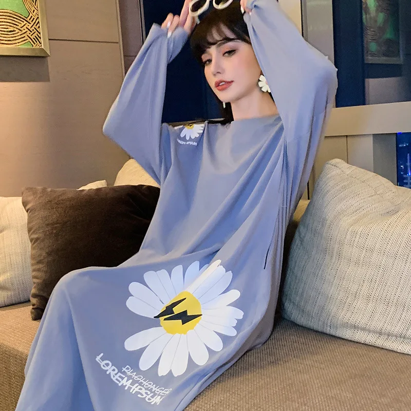 

Spring Autumn 100% Cotton Pajamas Little Daisy Girl Long Nightdress Korean Loose Plus Size Ladies Home Service Sleepwear