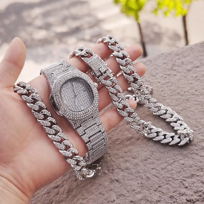 

Hip Hop Rapper Iced Out Watch for Men Iced Out Paved Rhinestones 12MM Miami Curb Cuban Chain CZ Bling Necklaces for Mens Jewelry