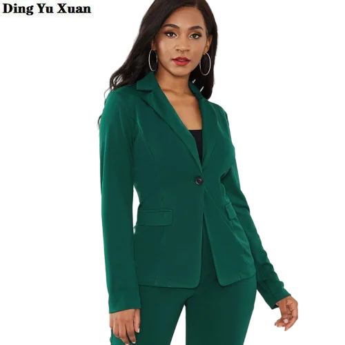 Женский брючный костюм из двух предметов черный зеленый пиджак на одной пуговице