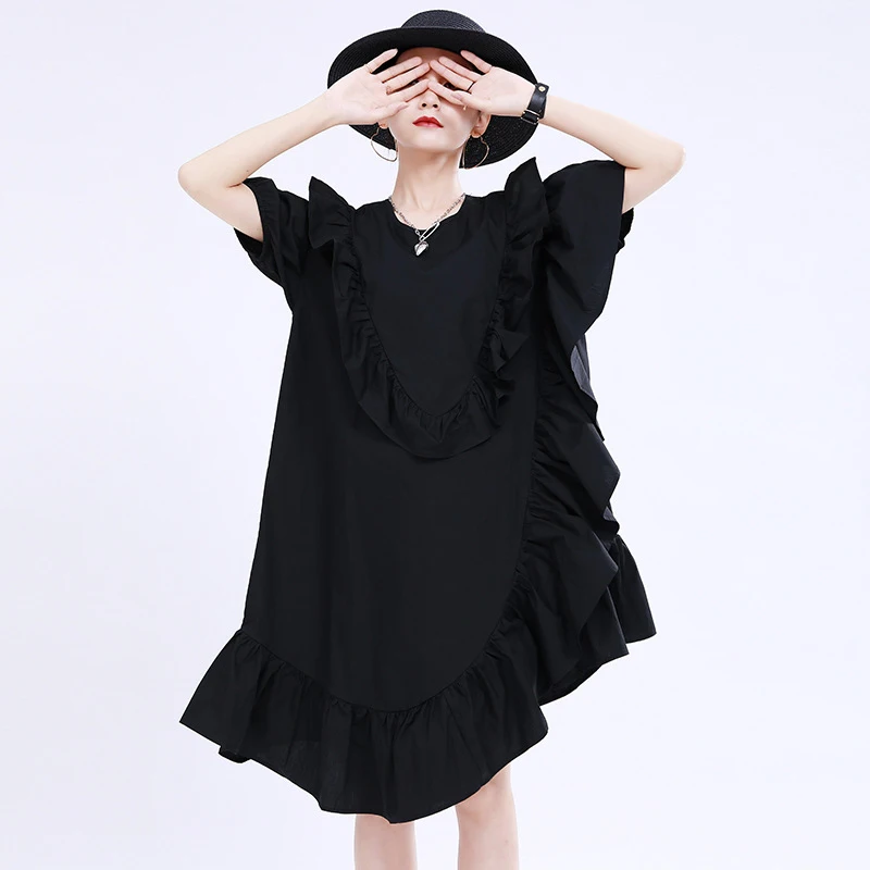 

Women Green Irregular Ruffles Split Dress New Round Neck Short Sleeve Loose Fit Fashion Tide Spring Summer 2021 1u387