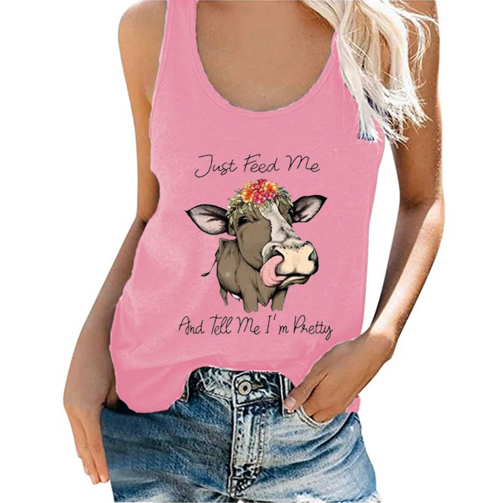 

Just Feed Me and Tell Me I'm Pretty Women's Cow Print Sleeveless Tank Tops Casual Camisole