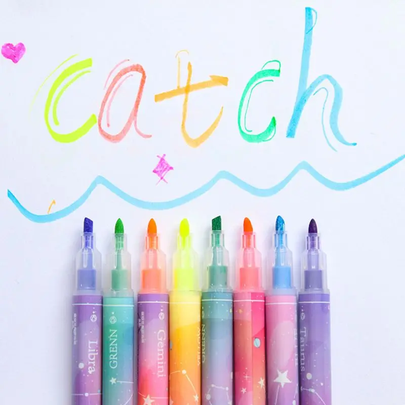 

12pcs Double Headed Highlighter Pens Stationery Kawaii Starry Fluorescent Maker
