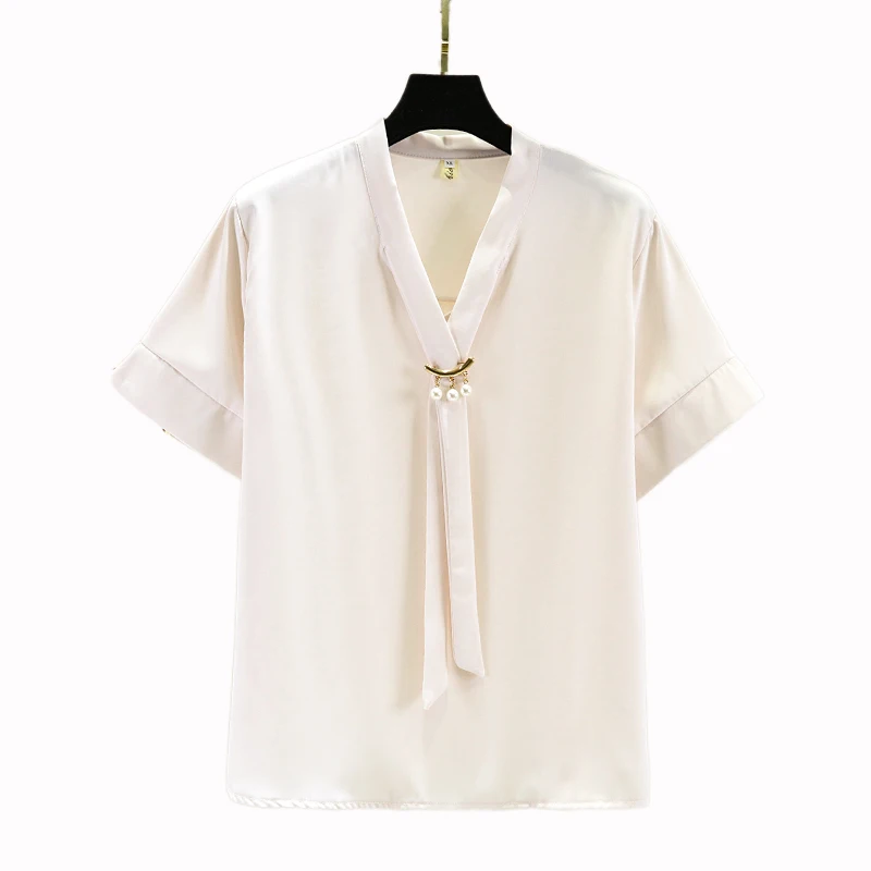 

Plus Size Korea Summer Women Short Sleeve Shirt Solid V-neck Beading Chiffon Blouse for Women Casual Loose Clothing Blusa 15464