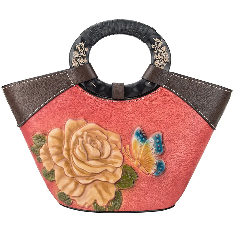 

Bestform Luxury Handbags Women Bags Designer 2020 New Genuine Leather Vintage Handmade Embossing Cowhide Floral Shoulder Bags