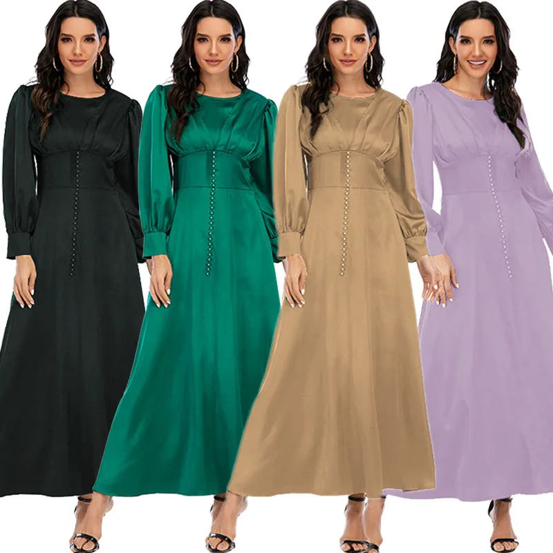 Элегантное Длинное атласное платье в мусульманском стиле для женщин, однотонное женское платье с бусинами, длинным рукавом, платье-макси, и...