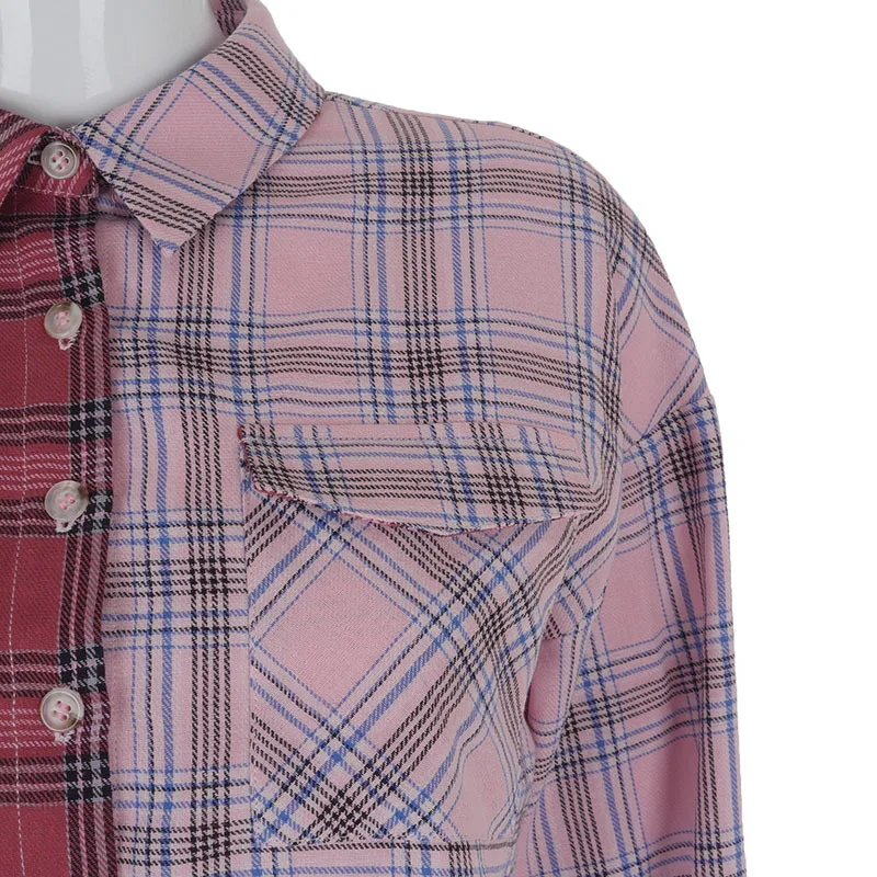 

Plugalong Patchwork Plaid Woman Tshirts Loose Crop Tops Long Sleeve Y2K Checkered Preppy Style Basic T Shirts Turn-Down Collar