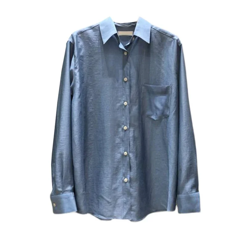

Simple All Match Solid Blouses Women Butoned Shirts Spring Casual Loose Women Long Sleeve Tops Pocket Design Blusas Mujer
