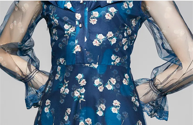 

Autumn Runway New Women Vintage Printing Fish Tail Dress Elegant Lady Mesh Splicing Long Sleeves Lotus Leaf Edge Vestidos