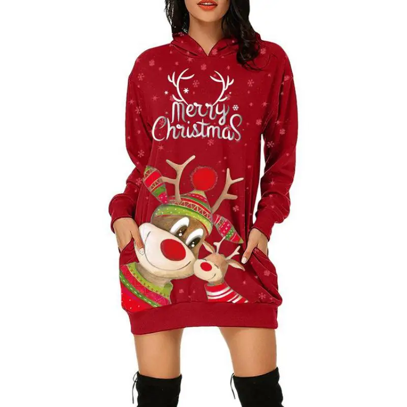 

Fashion Sweater Ladies 2021 Christmas Theme Series Christmas Elk Print Pullover Hoodie Dress Long-sleeved Slim Oversized Jacket