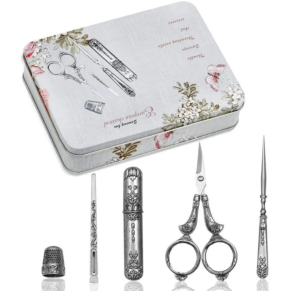 

5Pcs Vintage Scissors Set Exquisite Scissor+Needle Storage Tube+Awl+Threader+Thimble Embroidery Tailor Tools Kit Sewing Supplies