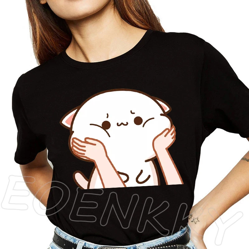 

2021 Summer Kawaii Couple Cat Print T-Shirt Fashion Unisex O-Neck Y2k Aesthetic Female Harajuku Funny Peach Cat Tops Black Tees