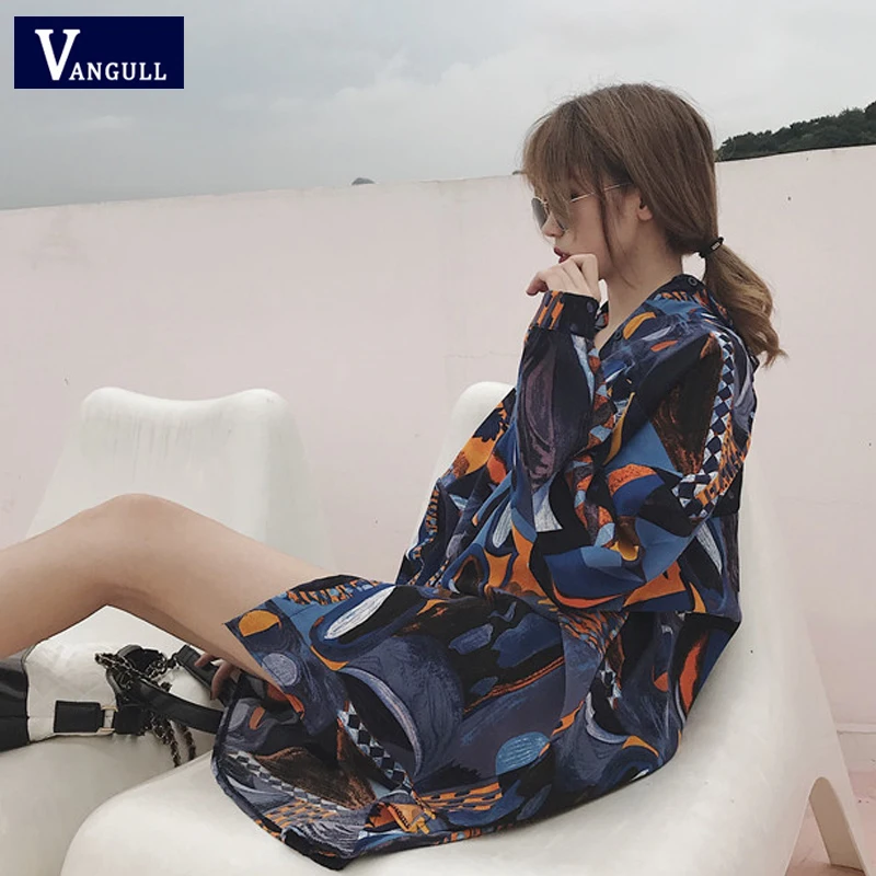 

Vangull Women Print Blouses Harajuku Loose Plus Size Chiffon Shirts 2019 Summer New Fashion Women Clothing Cardigan Long Blouses