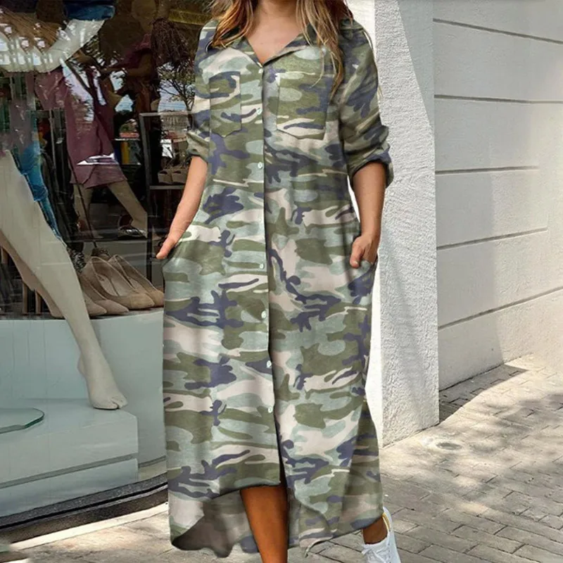 

Camouflage Print Casual Dress Women V-Neck Single Breasted Half Sleeve Loose Midi Dresses 2021 Summer Simple Style Lady Vestidos